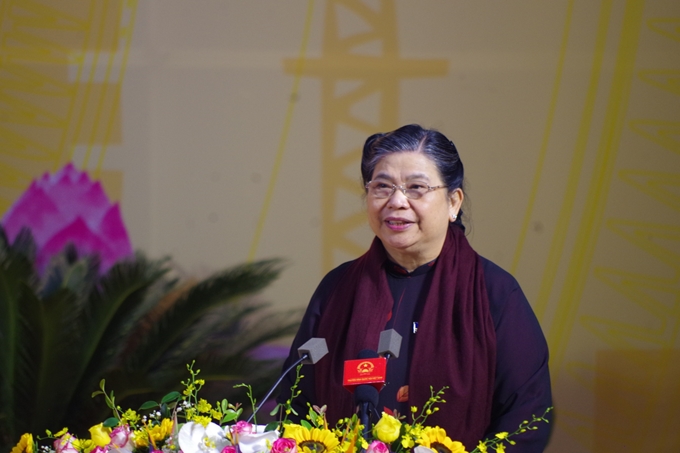 Член Политбюро ЦК КПВ, постоянный заместитель председателя Нацсобрания Тонг Тхи Фонг выступает на конференции